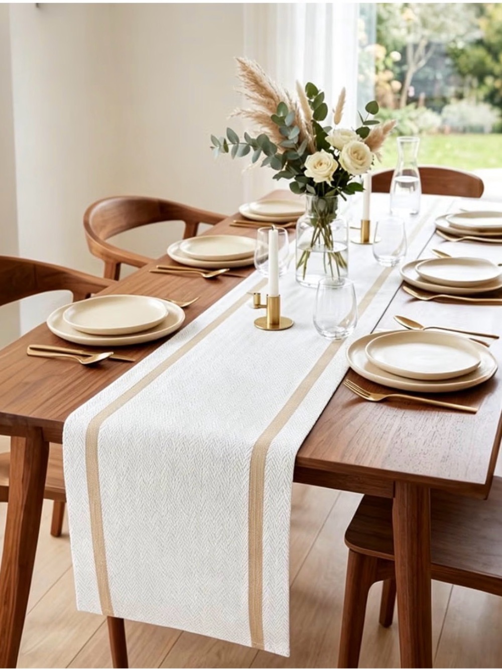 Elegant White Table Runner with Tan Stripe